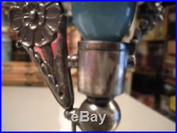 Vintage Triple Silver Plate Vase, Cornflower Blue Handprinted Glass, Rogers