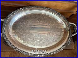 Vintage Victorian Rose Wm Rogers & Son Oval Silver Plated Serving Platter Tray