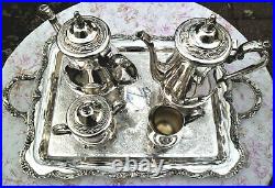 Vintage WM Rogers Silver Plate Tea Coffee Pot Set 5pc Large Tray Gorgeous