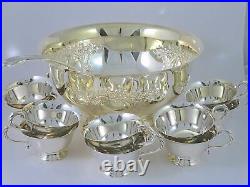 Vintage Wm. A. ROGERS Gilded Silverplate Chased PUNCH BOWL SET 10 CUPS & LADLE