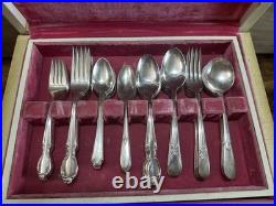 Vintage Wm Rogers Silverplate Flatware Lot Wood Chest 4 Patterns 84 Pc