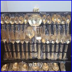 Vintage Wm. Rogers & Sons 63 Piece Gold Plated Flatware with Leather Case