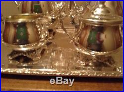 Vintage Wm Rogers quality silverplate Victorian Rose coffee tea set with tray
