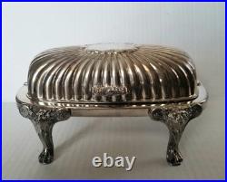Vtg 40s FB Rogers Silver-Plate Roll-Top Butter Dish Ornate Lion Feet Glass Liner