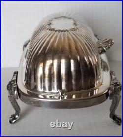 Vtg 40s FB Rogers Silver-Plate Roll-Top Butter Dish Ornate Lion Feet Glass Liner