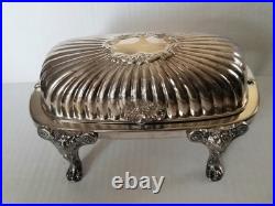 Vtg 40s FB Rogers Silver-Plate Roll-Top Butter Dish Ornate Lion Feet Glass Liner