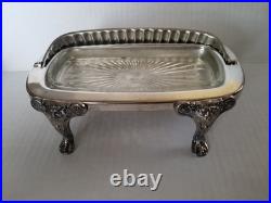 Vtg 40s FB Rogers Silver-Plate Roll-Top Butter Dish Ornate Lion Feet Glass Liner