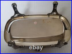 Vtg 40s FB Rogers Silver-Plate Roll-Top Butter Dish Ornate Lion Feet Glass Liner