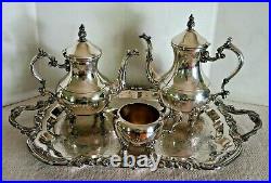 Vtg F B Rogers Silver Plate 4 Piece Coffee/Tea Set, Creamer withFooted Tray