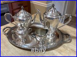 Vtg Rogers & Bro Silverplate Coffee & Tea Pot SET withTray Primrose COMPLETE