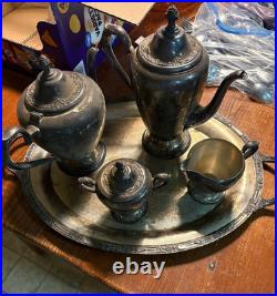 Vtg Rogers & Bro Silverplate Coffee & Tea Pot SET withTray Primrose COMPLETE