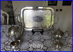 WM. A ROGERS 84 611 5 Pieces Silverplate Tray with Tea, Coffee Set
