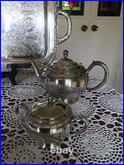WM. A ROGERS 84 611 5 Pieces Silverplate Tray with Tea, Coffee Set