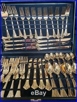 WM ROGERS & SON gold plated 61 pieces SERVING OF 12 withcase silverware set