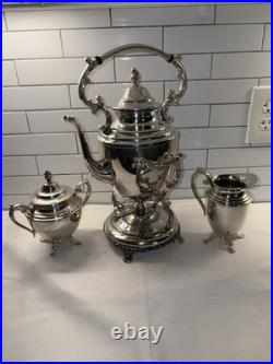 WM Rogers Eagle Star Antique Silverplated Tilting Teapot w Cream Pitcher & Sugar