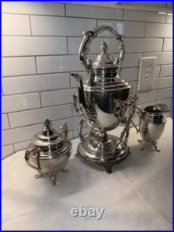 WM Rogers Eagle Star Antique Silverplated Tilting Teapot w Cream Pitcher & Sugar