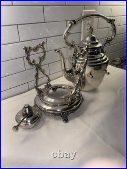 WM Rogers Eagle Star Antique Silverplated Tilting Teapot w Cream Pitcher & Sugar