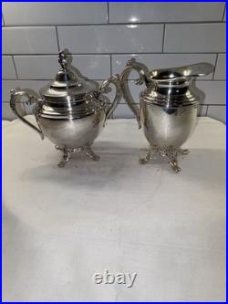 WM Rogers Eagle Star Antique Silverplated Tilting Teapot w Cream Pitcher & Sugar