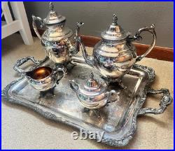 WM Rogers Silver Plated 5-Piece Coffee Tea Set with Ornate Tray #290 Vintage