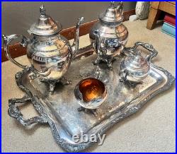 WM Rogers Silver Plated 5-Piece Coffee Tea Set with Ornate Tray #290 Vintage