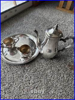 WM Rogers Silverplate Coffee/Tea Pot Set Creamer, Covered Sugar Bowl and Tray