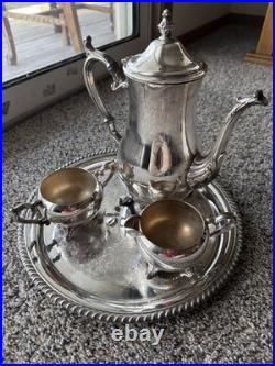 WM Rogers Silverplate Coffee/Tea Pot Set Creamer, Covered Sugar Bowl and Tray