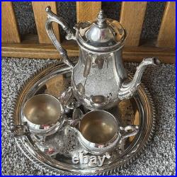 WM Rogers Silverplate Coffee/Tea Pot Set Creamer, Covered Sugar Bowl and Tray