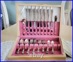 WM Rogers Silverplate Flatware 1954 Mountain Rose 50 Pieces with Wood Box WM Rogers Silverplate Flatware 1954 Mountain Rose 50 Pieces with Wood Box
