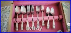 WM Rogers Silverplate Flatware 1954 Mountain Rose 50 Pieces with Wood Box WM Rogers Silverplate Flatware 1954 Mountain Rose 50 Pieces with Wood Box