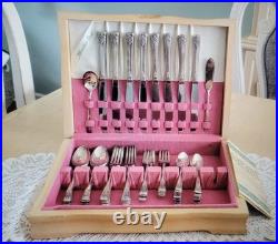 WM Rogers Silverplate Flatware 1954 Mountain Rose 50 Pieces with Wood Box WM Rogers Silverplate Flatware 1954 Mountain Rose 50 Pieces with Wood Box