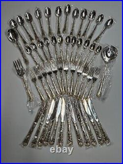 WM Rogers & Son Enchanted Rose-50 Piece Plated Silverware Set Service 12 Gold