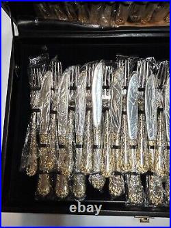 WM Rogers & Son Enchanted Rose-50 Piece Plated Silverware Set Service 12 Gold