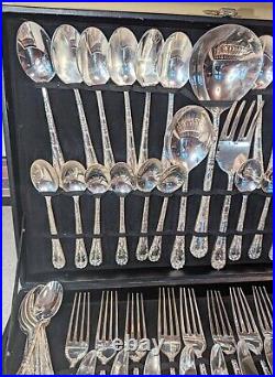 WM Rogers & Son Enchanted Rose Silverplate 62 PC Service For 12 Flatware W Case