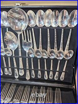 WM Rogers & Son Enchanted Rose Silverplate 62 PC Service For 12 Flatware W Case