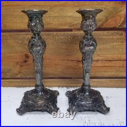 WM Rogers & Son Victorian Rose Candlestick Holder Set Silver Plate Vintage