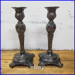 WM Rogers & Son Victorian Rose Candlestick Holder Set Silver Plate Vintage