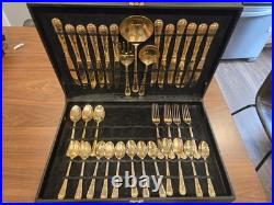 WM Rogers & Sons Enchanted Rose Gold Plated Flatware Set 34 Pc with Case & Ladle
