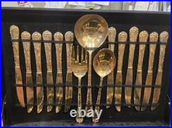 WM Rogers & Sons Enchanted Rose Gold Plated Flatware Set 34 Pc with Case & Ladle