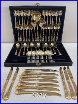 WM Rogers & Sons Enchanted Rose Gold Plated Flatware Set 51 Pc with Case & Ladle
