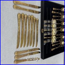 WM Rogers & Sons Enchanted Rose Gold Plated Flatware Set 51 Pc with Case & Ladle