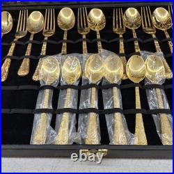 WM Rogers & Sons Enchanted Rose Gold Plated Flatware Set 51 Pc with Case & Ladle