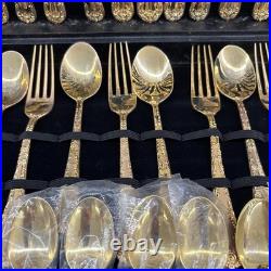 WM Rogers & Sons Enchanted Rose Gold Plated Flatware Set 51 Pc with Case & Ladle