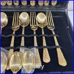 WM Rogers & Sons Enchanted Rose Gold Plated Flatware Set 51 Pc with Case & Ladle