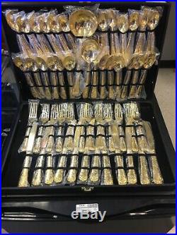 WM Rogers & Sons Gold Plated 51 Pc Flatware Set ENCHANTED ROSE Silverware & Case