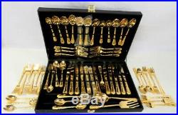 WM Rogers & Sons Gold Plated 63 Pc Flatware Set ENCHANTED ROSE Silverware & Case