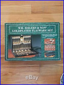 WM Rogers & Sons Gold Plated 63 Pc Flatware Set ENCHANTED ROSE Silverware & Case