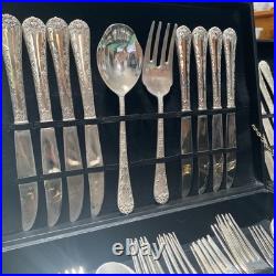 W M Roger's & Son Enchanted Rose Pattern Flatware 88 PCS Silver Plated