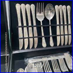 W M Roger's & Son Enchanted Rose Pattern Flatware 88 PCS Silver Plated