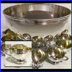 Wm A Rogers Antique Silver Plate 1895 Victorian Punch Bowl & 12 Gilt Cups