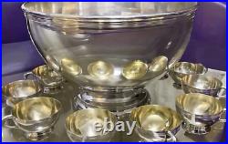 Wm A Rogers Antique Silver Plate 1895 Victorian Punch Bowl & 12 Gilt Cups